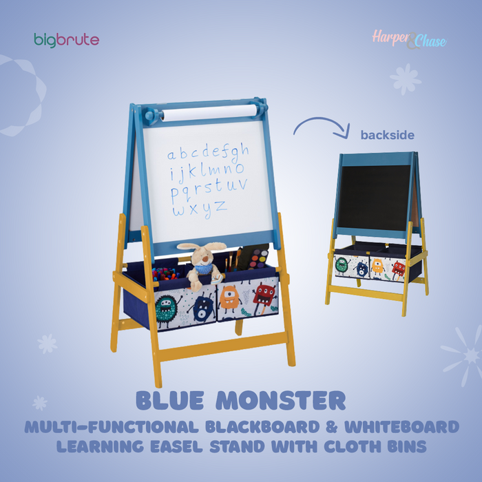 Harper & Chase Blue Monster Multi-Functional Blackboard & Whiteboard Learning Easel Stand with Cloth Bins