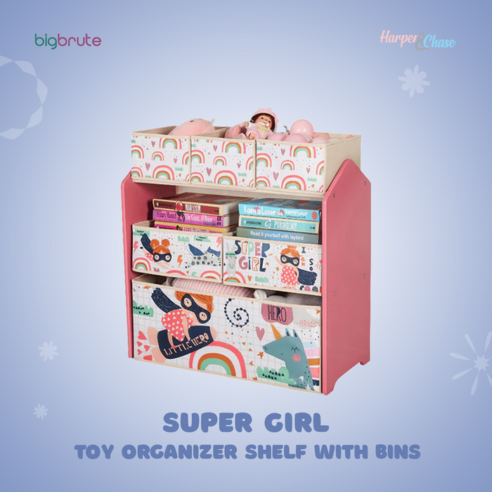 Harper & Chase Toy Organizer Shelf with Bins (Super Girl Design)