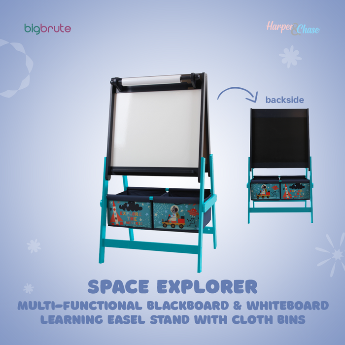 Harper & Chase Space Explorer Multi-Functional Blackboard & Whiteboard Learning Easel Stand with Cloth Bins