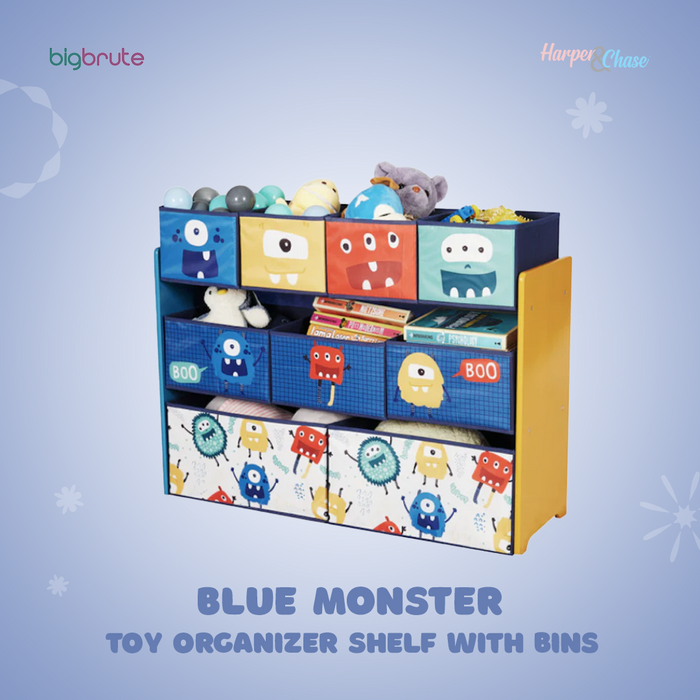 Harper & Chase Toy Organizer Shelf with Bins (Blue Monster Design)