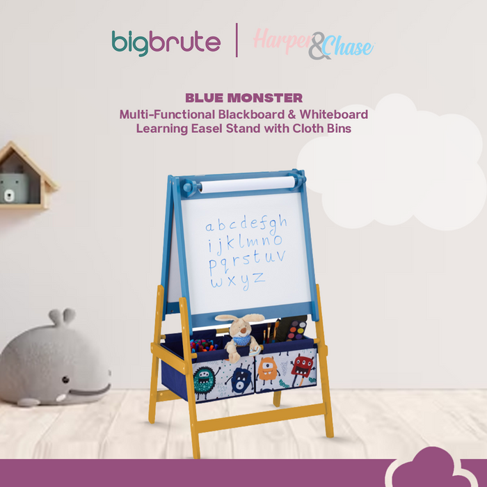 Harper & Chase Blue Monster Multi-Functional Blackboard & Whiteboard Learning Easel Stand with Cloth Bins