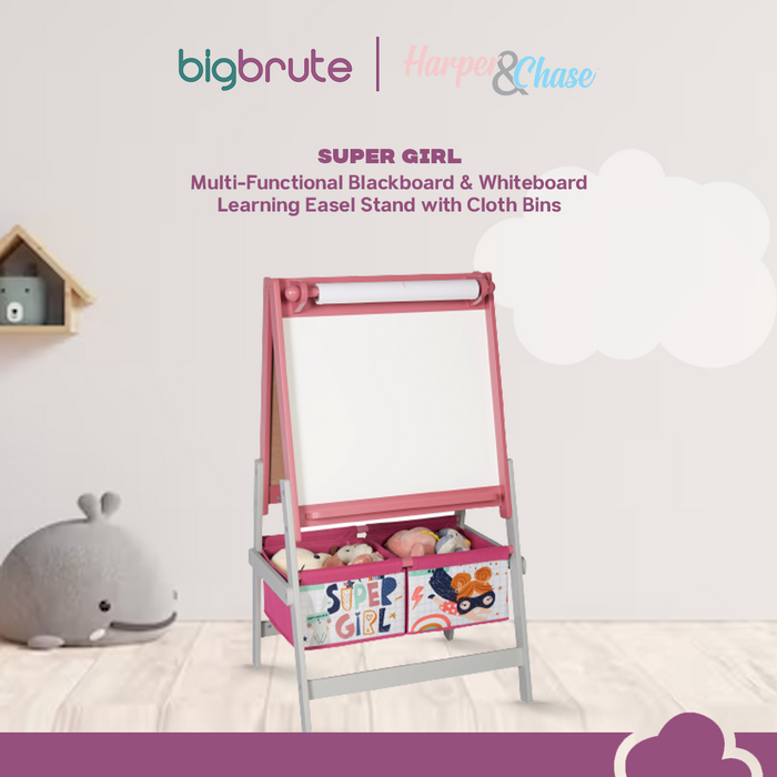Harper & Chase Super Girl Multi-Functional Blackboard & Whiteboard Learning Easel Stand with Cloth Bins