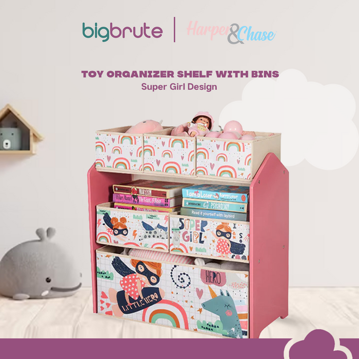 Harper & Chase Toy Organizer Shelf with Bins (Super Girl Design)